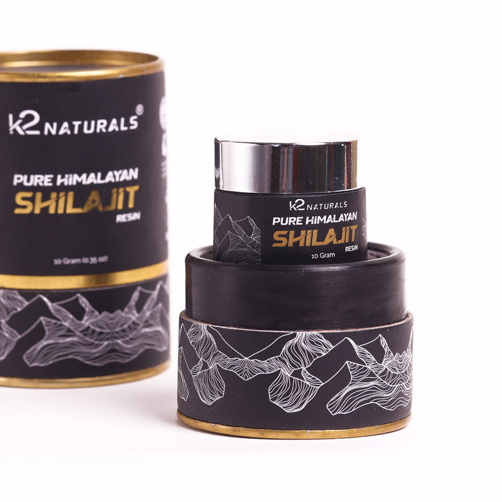 K2 Naturals Pure Himalayan Shilajit containers on a white background
