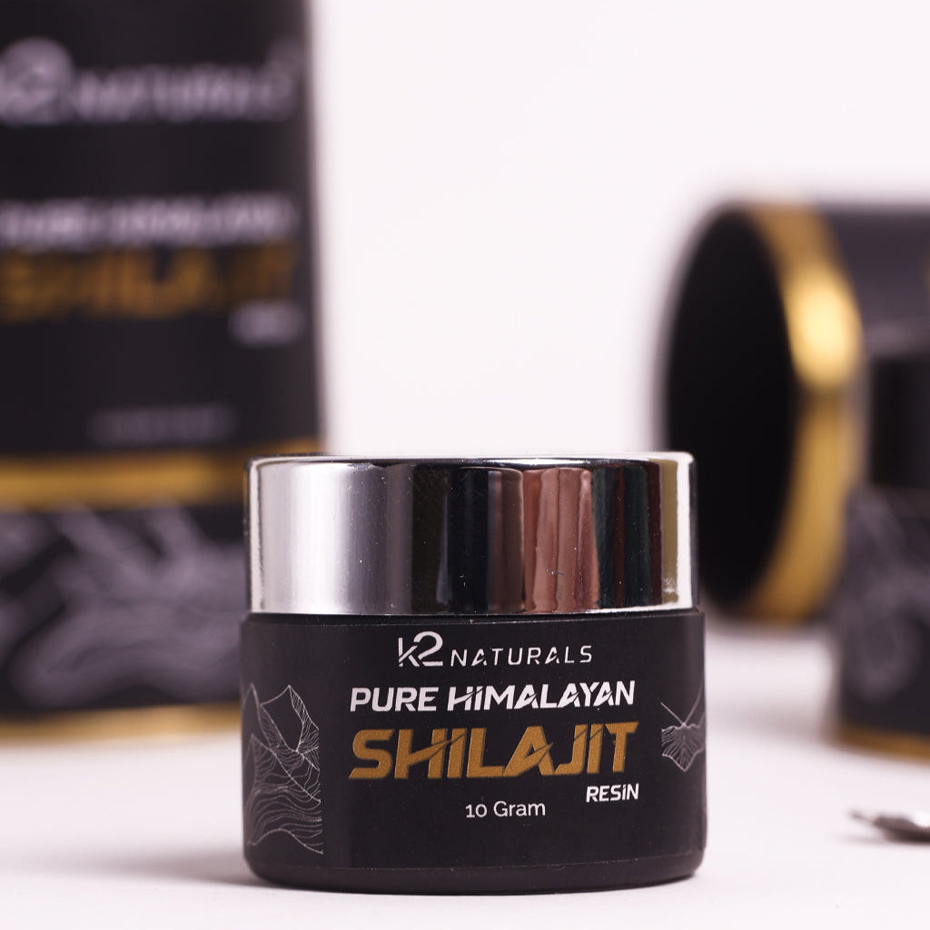 K2 Naturals Pure Himalayan Shilajit container on a white surface with blurred background