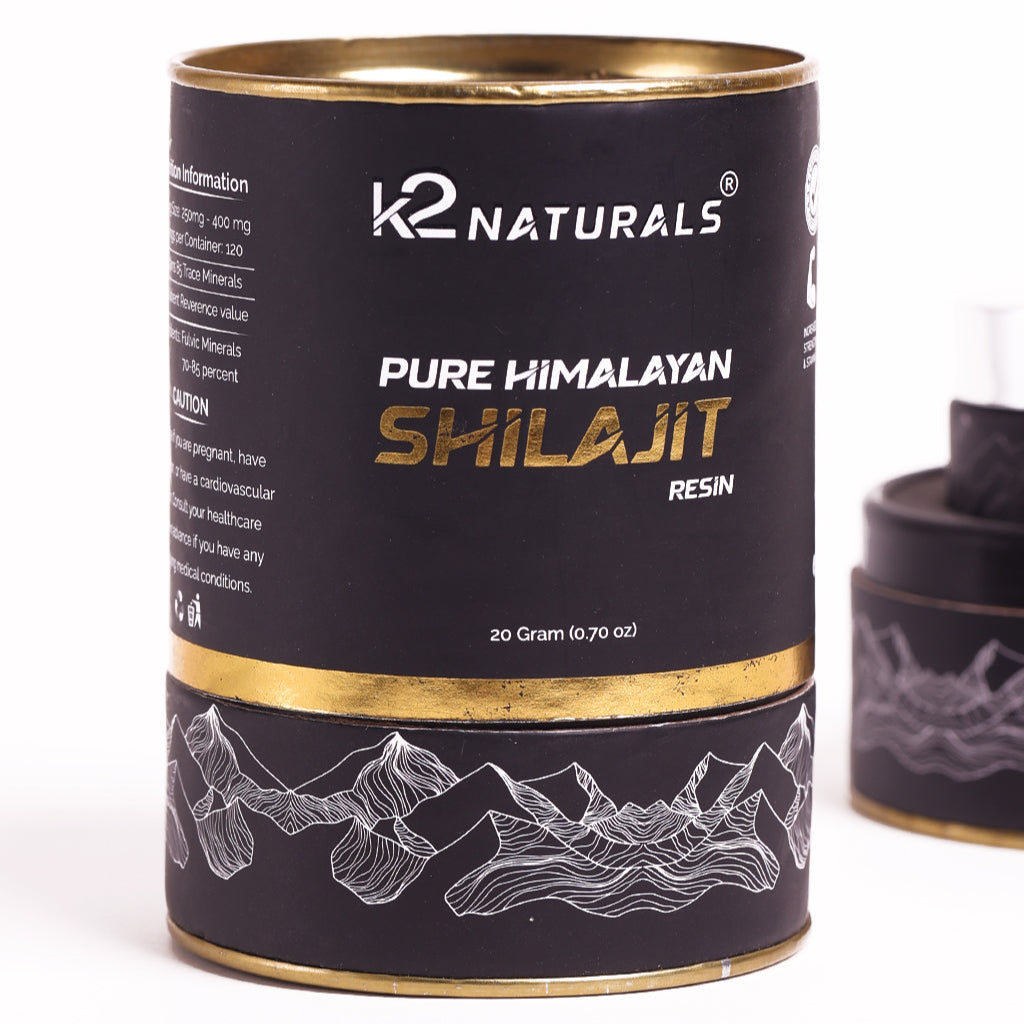 K2 Naturals Pure Himalayan Shilajit Resin container on a white background